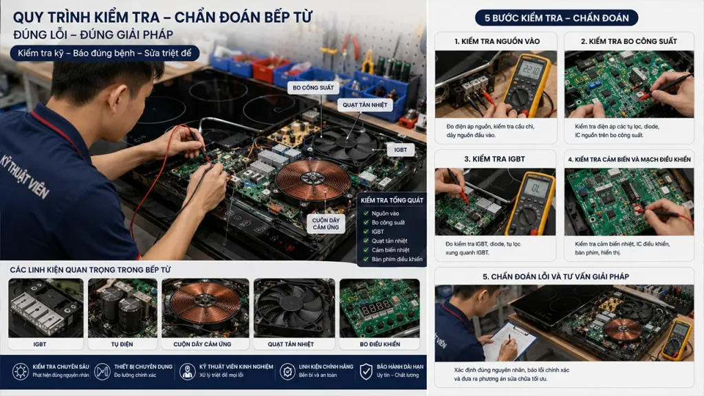 Kỹ thuật viên kiểm tra bo mạch bếp từ