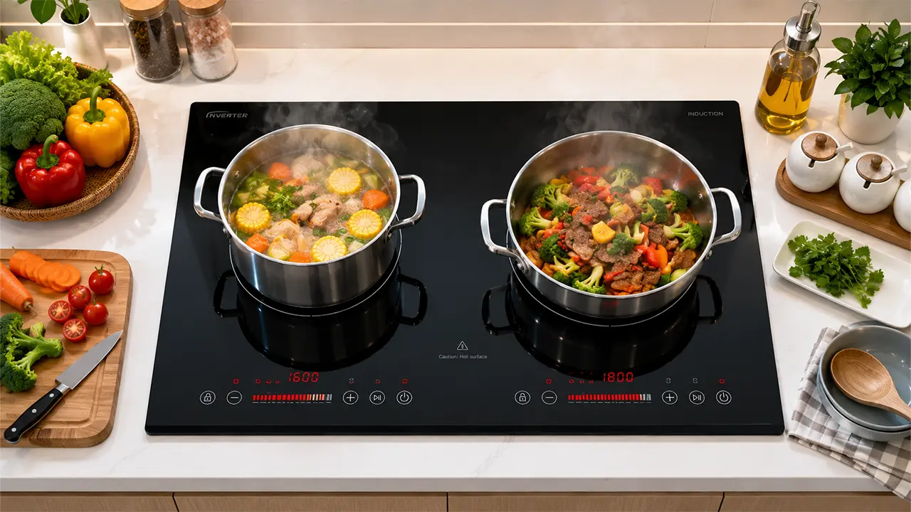 Bếp điện đôi hai vùng nấu trong không gian bếp hiện đại của gia đình