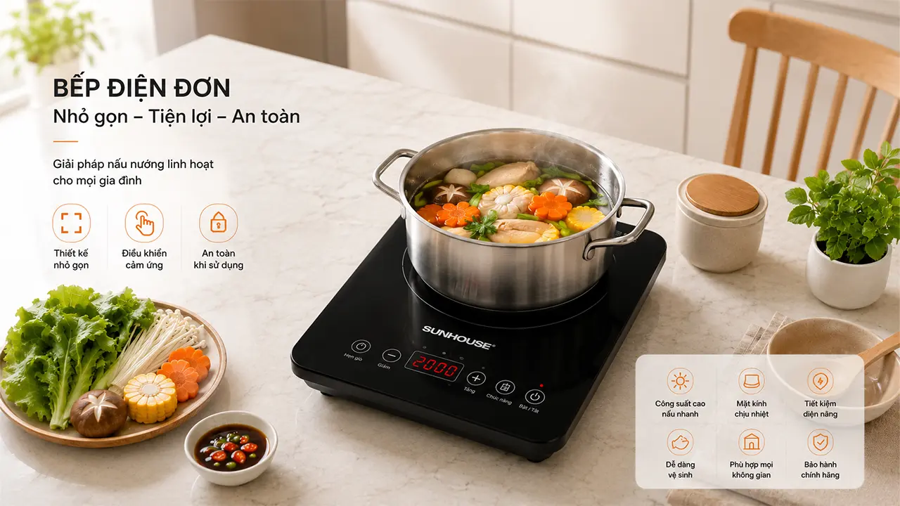 Bếp điện đơn nhỏ gọn đặt trong căn bếp hiện đại dành cho người sống một mình