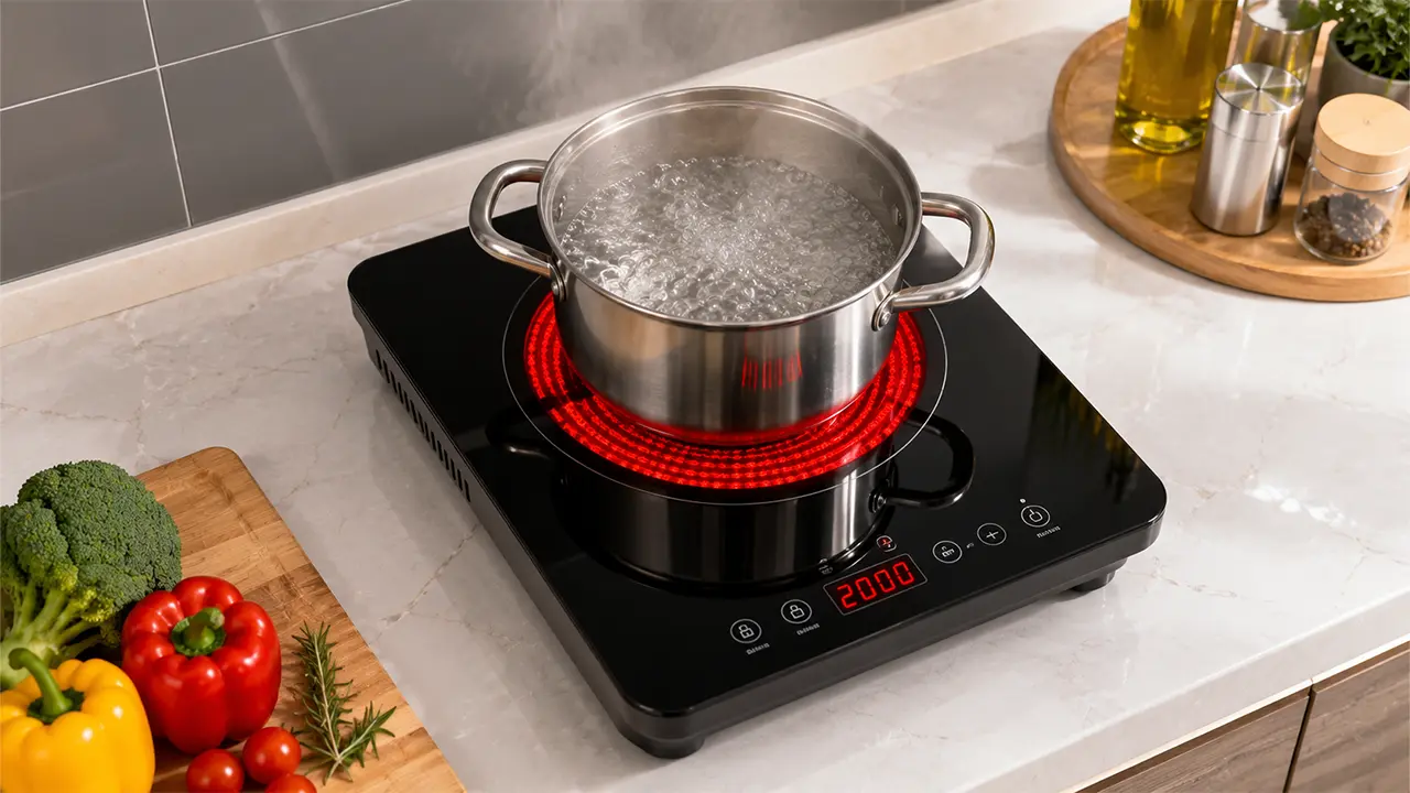 Bếp điện hồng ngoại hiện đại đang hoạt động trong căn bếp gia đình
