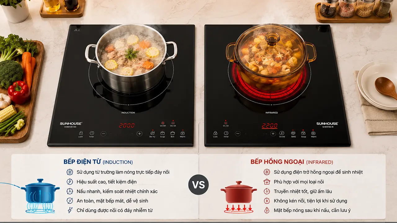 Bếp điện từ và bếp hồng ngoại đặt cạnh nhau để so sánh trong căn bếp hiện đại