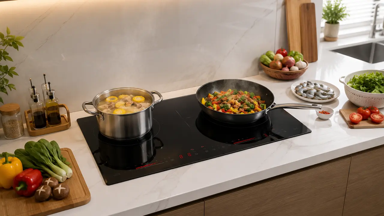 Bếp từ 2 vùng nấu đang nấu hai món cùng lúc trong căn bếp gia đình