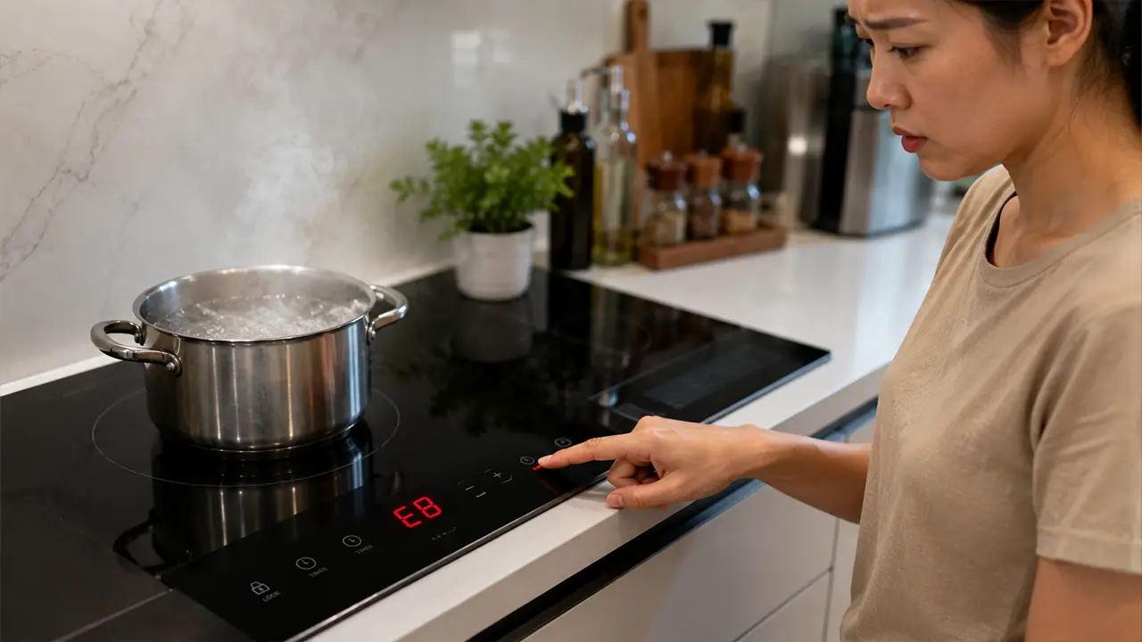 Bếp từ hiển thị mã lỗi E8 trên bảng điều khiển