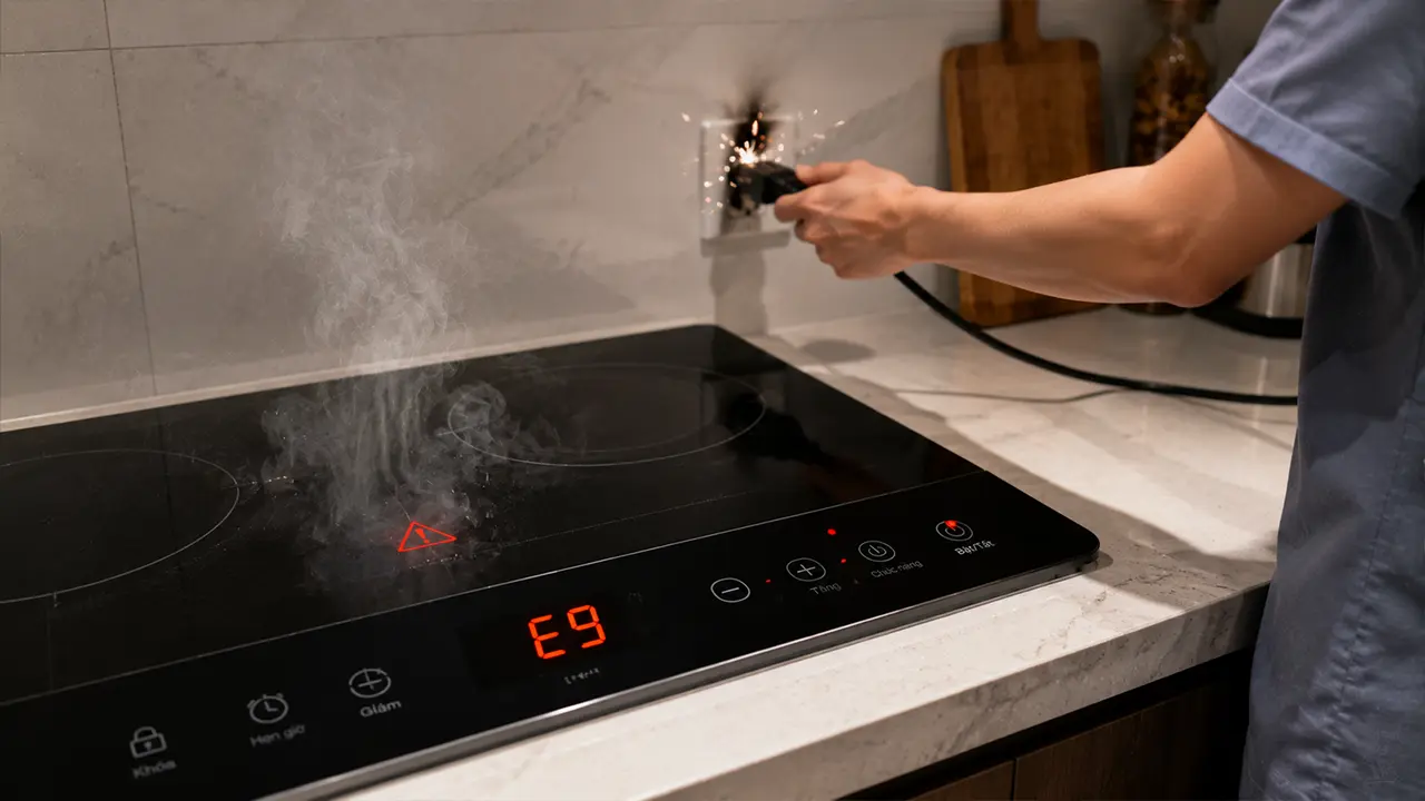 Bếp từ hiển thị mã lỗi E9 trên màn hình