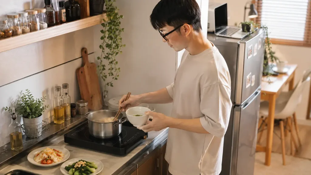 Người sống một mình sử dụng bếp từ đơn để chuẩn bị bữa ăn hàng ngày