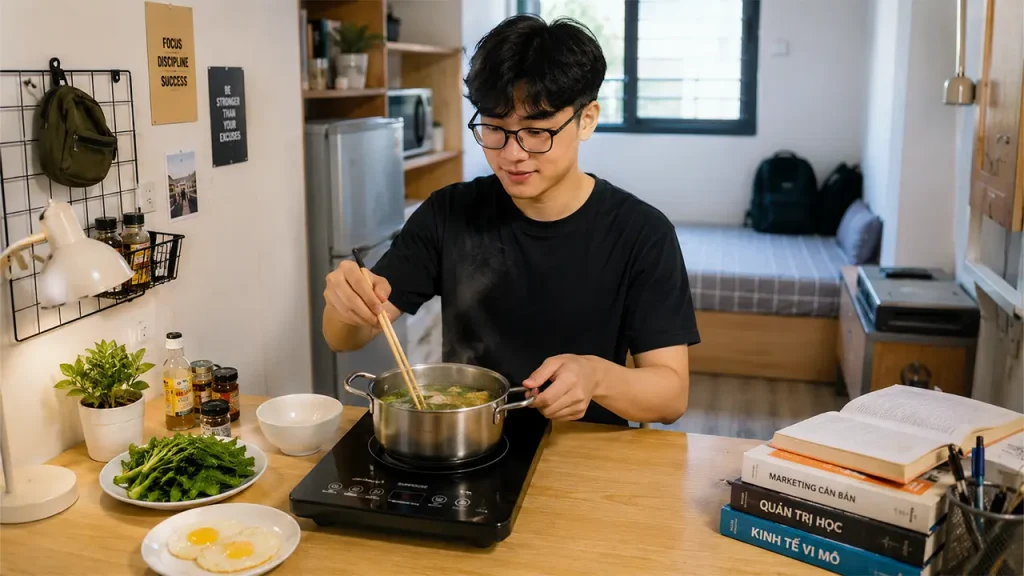 Sinh viên sử dụng bếp từ mini để chuẩn bị bữa ăn trong phòng trọ