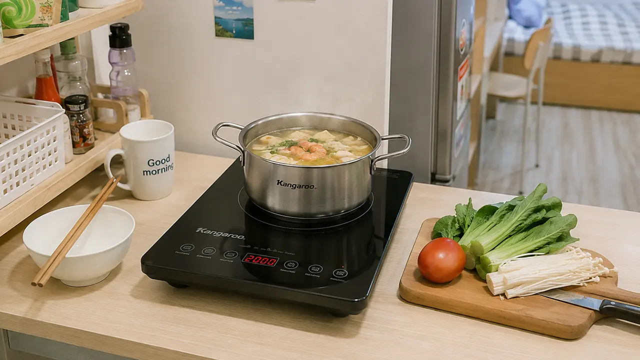 Bếp từ mini nhỏ gọn đang nấu ăn trong phòng trọ hoặc căn hộ nhỏ