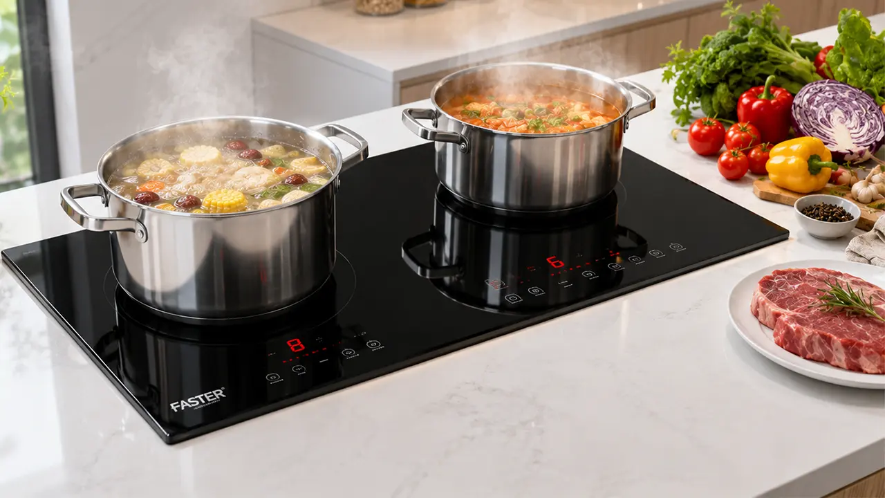 Bếp từ hiện đại đang nấu ăn với nồi inox đáy từ trong căn bếp gia đình