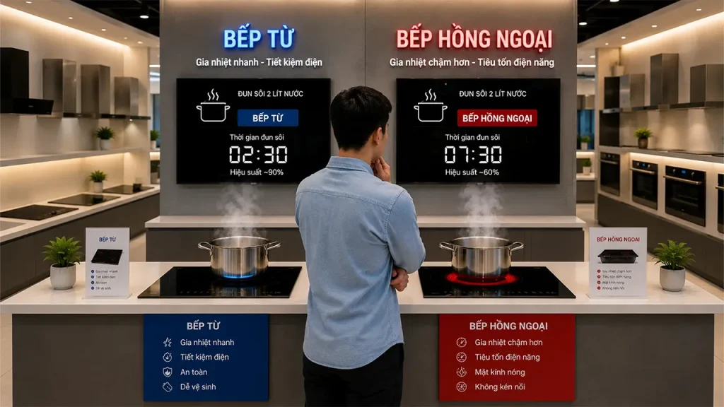 So sánh tốc độ làm nóng và hiệu suất giữa bếp từ và bếp hồng ngoại.