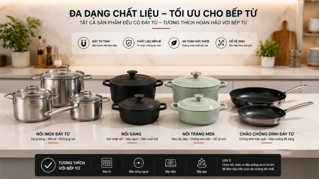 Nồi inox, nồi gang, nồi tráng men và chảo chống dính dùng cho bếp từ