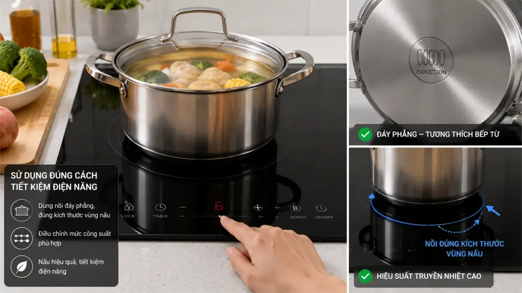 Người dùng điều chỉnh công suất bếp từ và sử dụng nồi phù hợp để tiết kiệm điện