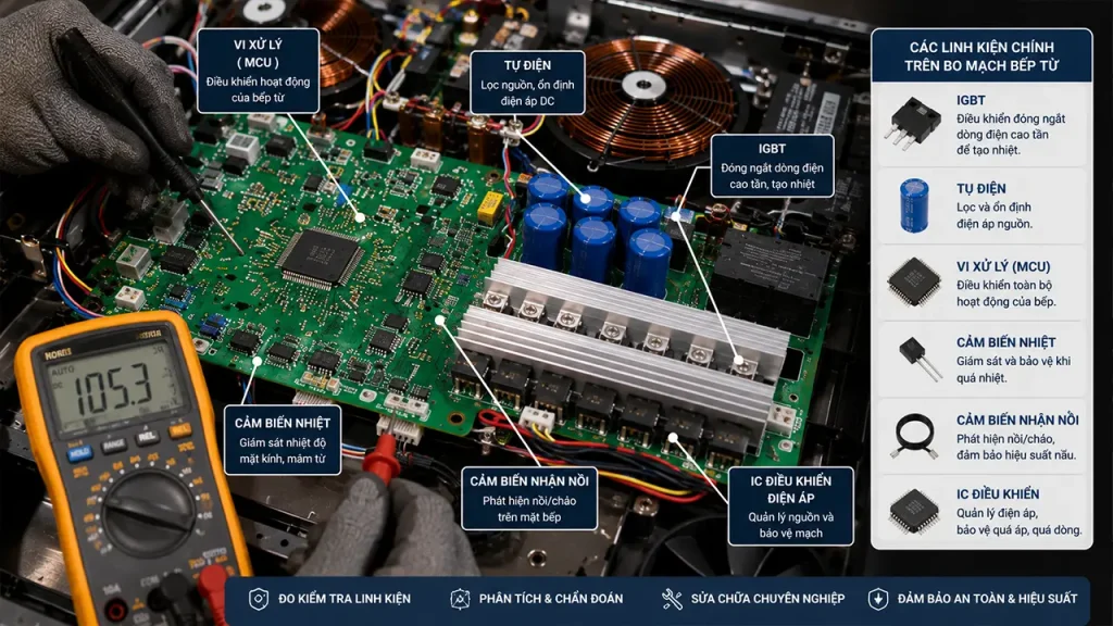 Cấu tạo bo mạch bếp từ với IGBT và tụ điện