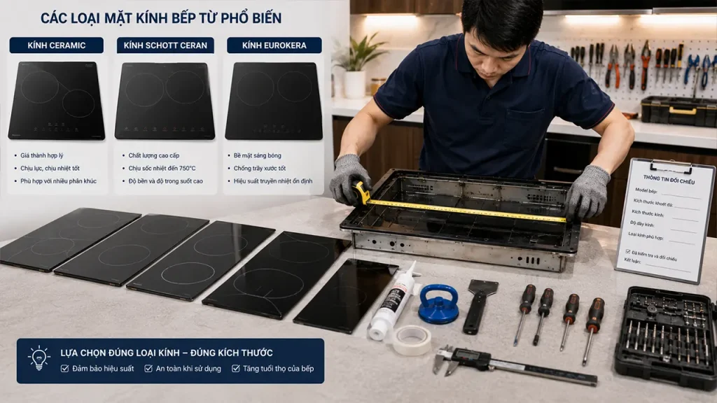 Lựa chọn mặt kính bếp từ đúng loại và đúng kích thước