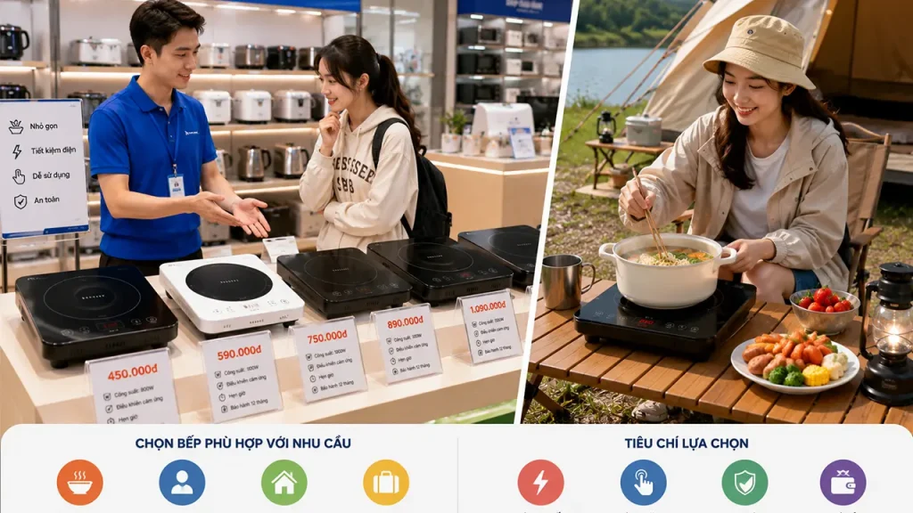 Nhiều mẫu bếp điện mini trưng bày tại showroom hoặc cửa hàng điện máy