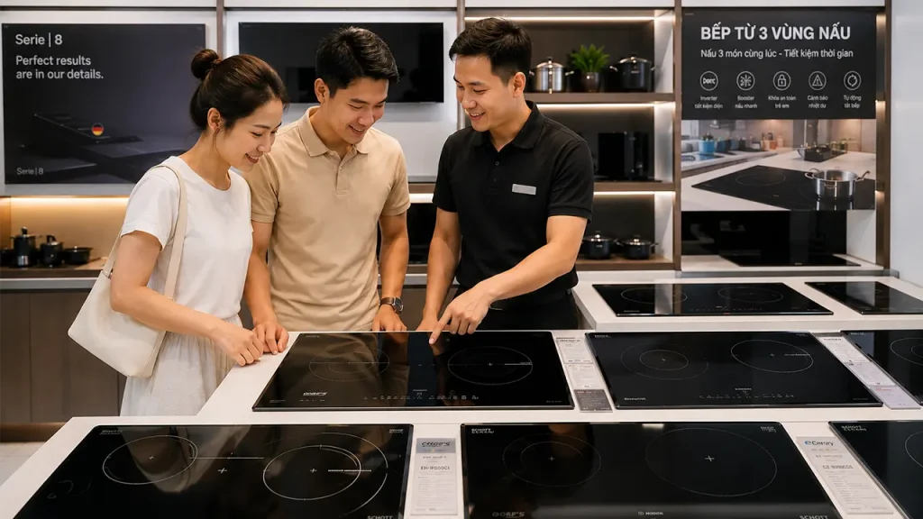 Khách hàng tham khảo các mẫu bếp từ 3 vùng nấu tại showroom thiết bị bếp