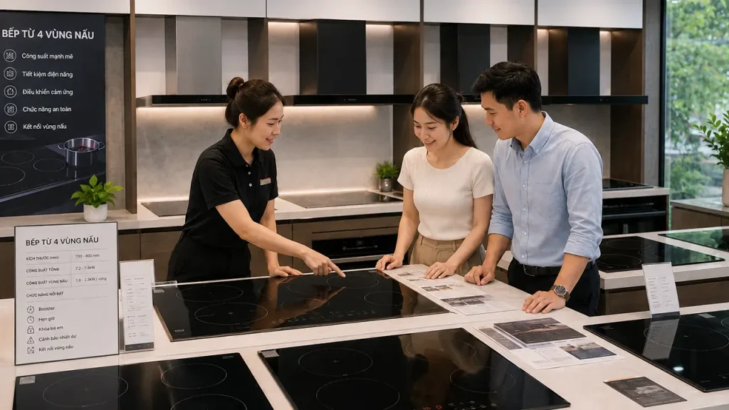 Khách hàng tham khảo bếp từ 4 vùng nấu tại showroom thiết bị nhà bếp