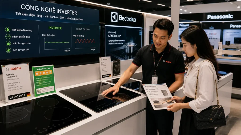 Khách hàng tìm hiểu bếp từ inverter tại showroom thiết bị nhà bếp