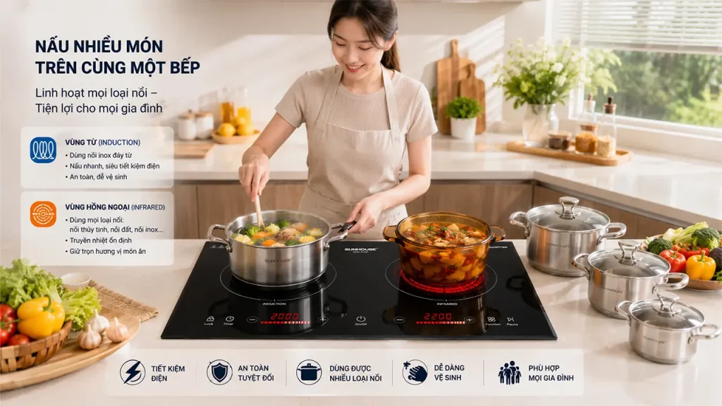 Gia đình sử dụng bếp điện từ với nhiều loại nồi khác nhau trong không gian bếp