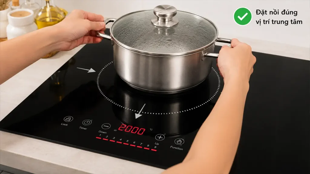 Đặt nồi đúng vị trí trên vùng nấu bếp từ