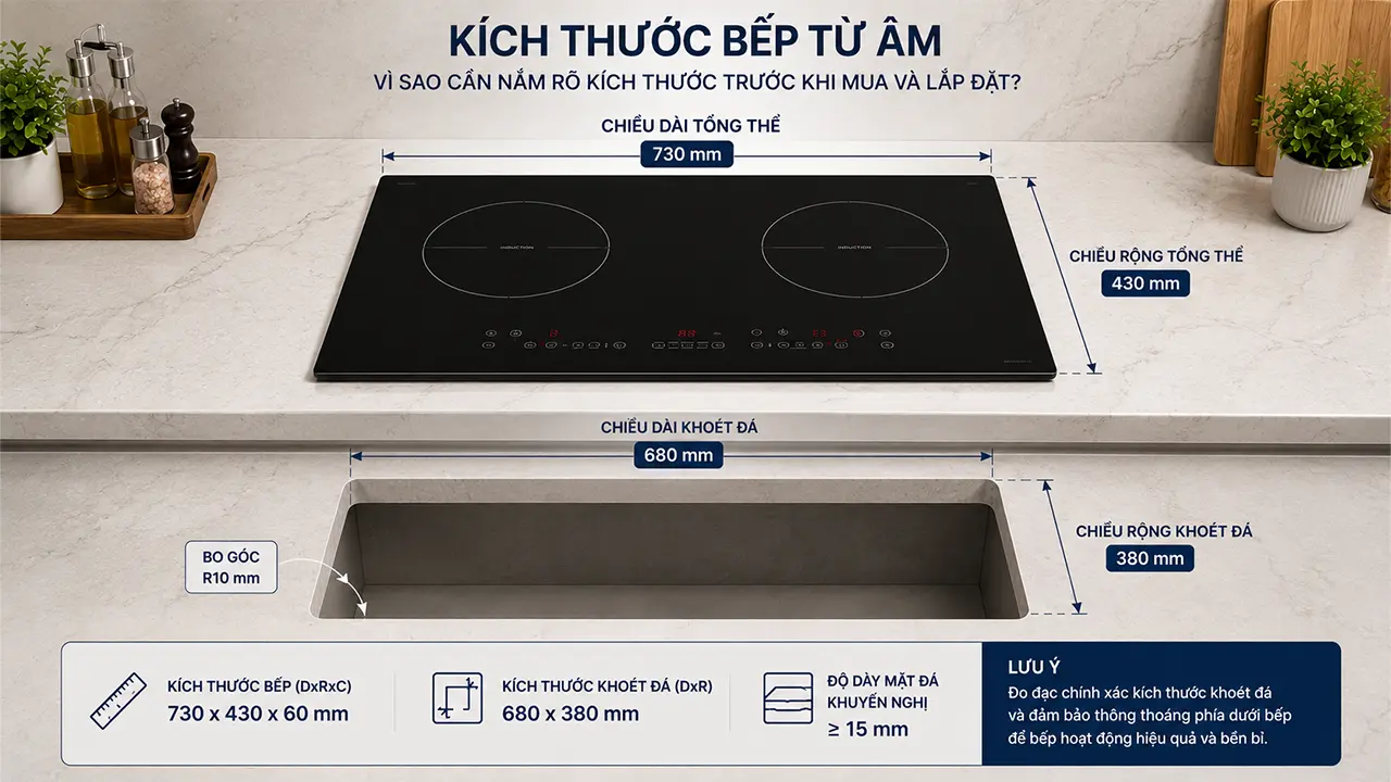 Kích thước bếp từ cần được đo chính xác trước khi lắp đặt để đảm bảo phù hợp với không gian bếp.