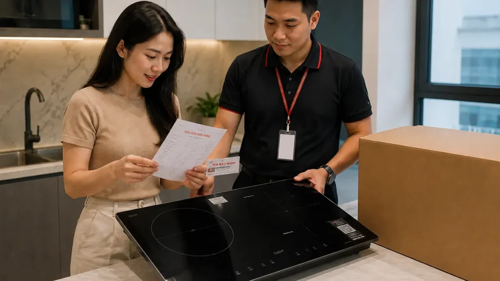 Kiểm tra tem bảo hành và tình trạng sản phẩm trước khi nhận hàng.