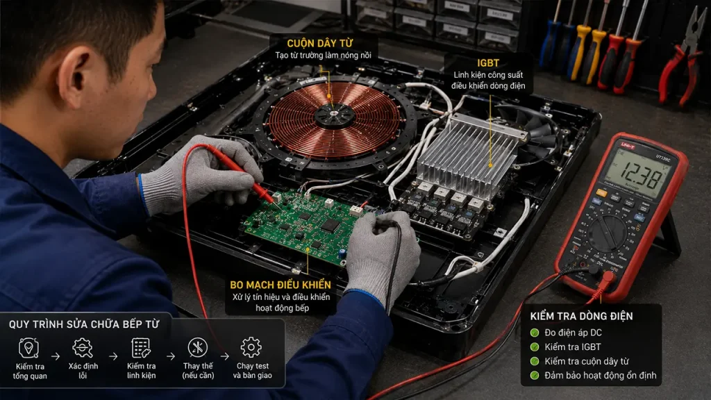 Kỹ thuật viên kiểm tra cuộn dây từ và IGBT