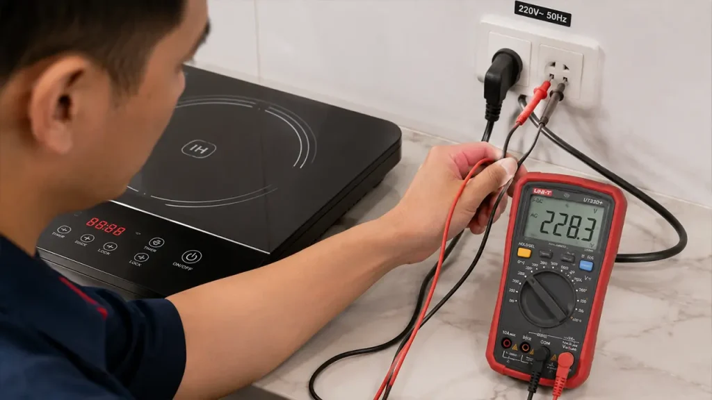 Kỹ thuật viên đo điện áp cấp cho bếp từ