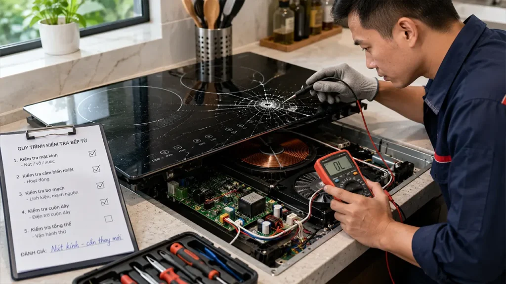 Kỹ thuật viên kiểm tra mặt kính bếp từ bị nứt