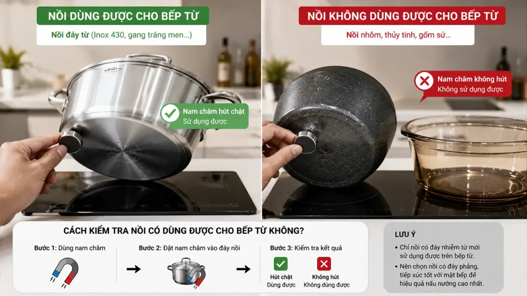 Kiểm tra nồi có phù hợp với bếp từ bằng nam châm