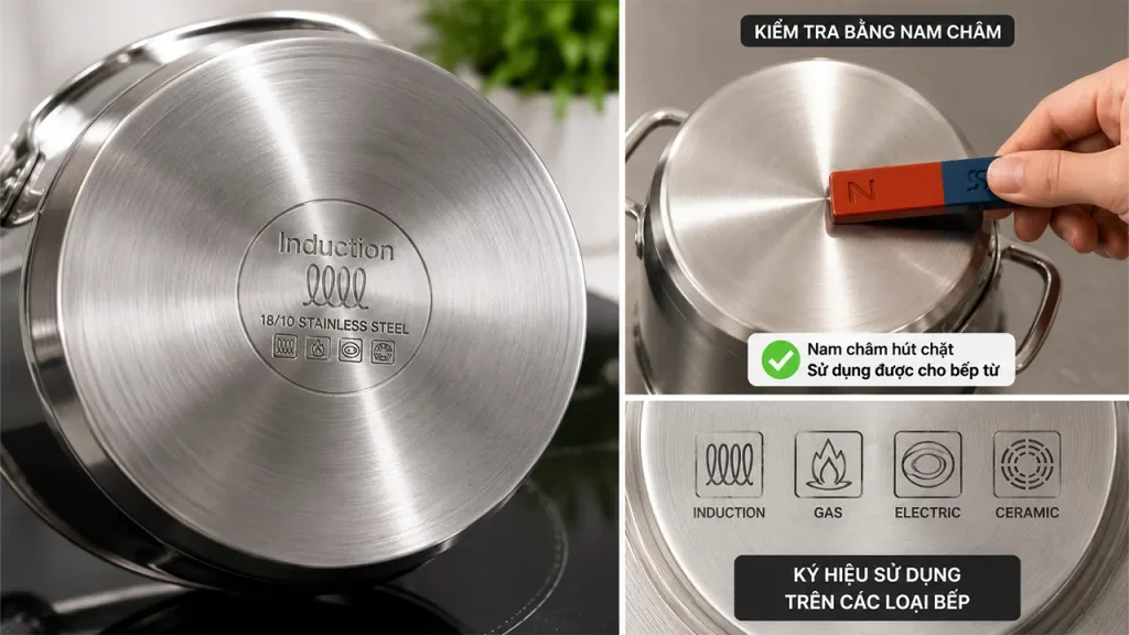 Kiểm tra tính nhiễm từ của đáy nồi giúp lựa chọn đúng dụng cụ nấu.