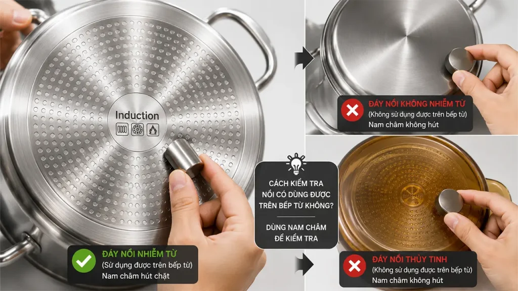 Dùng nam châm kiểm tra đáy nồi và ký hiệu Induction trước khi sử dụng trên bếp điện từ