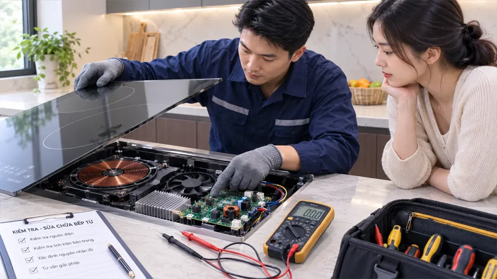 Người dùng kiểm tra nồi nhiễm từ bằng nam châm trước khi sử dụng