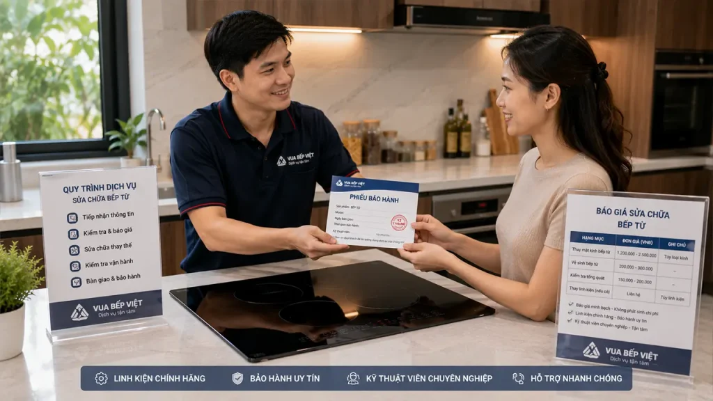 Lắp mặt kính mới và kiểm tra cảm biến bếp từ