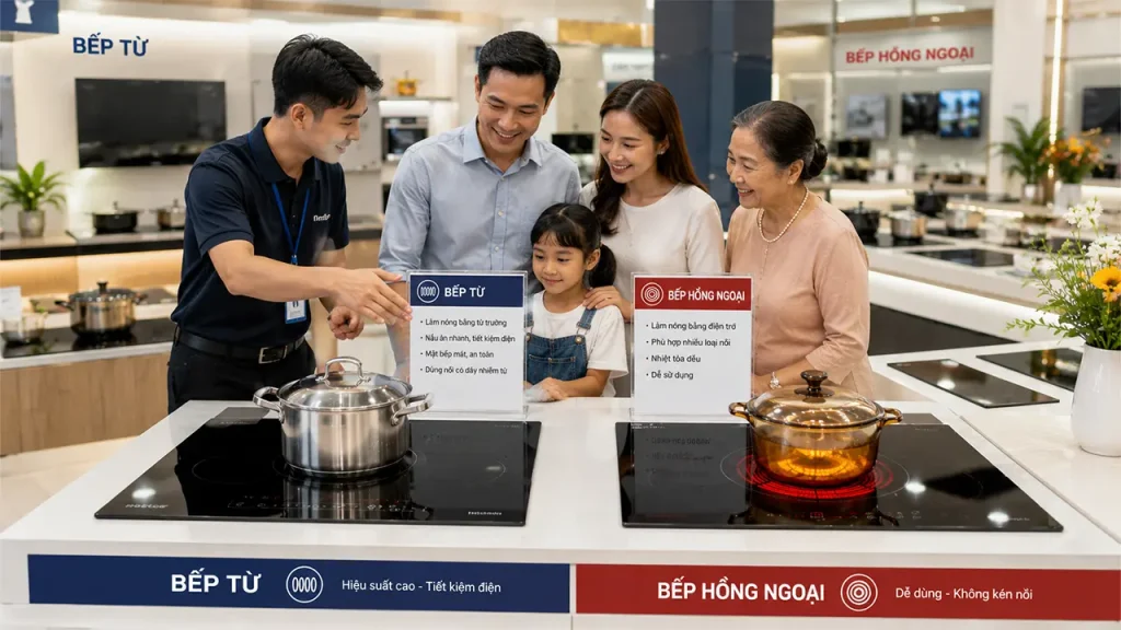 Gia đình lựa chọn bếp từ hoặc bếp hồng ngoại phù hợp nhu cầu nấu ăn