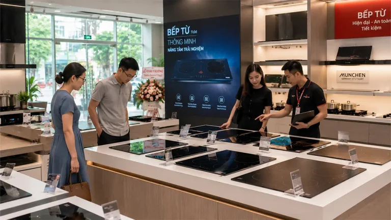 Showroom trưng bày nhiều mẫu bếp từ chính hãng giúp khách hàng dễ dàng lựa chọn