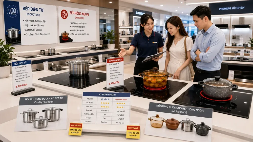 Gia đình tham khảo bếp điện từ và bếp hồng ngoại tại showroom thiết bị nhà bếp