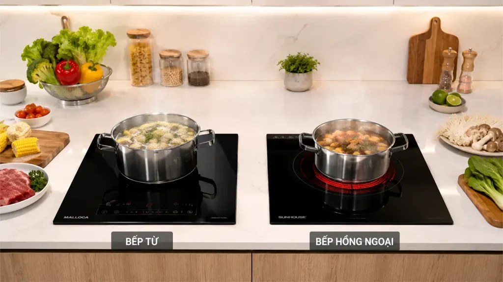 Bếp từ và bếp hồng ngoại đặt cạnh nhau trong không gian bếp hiện đại