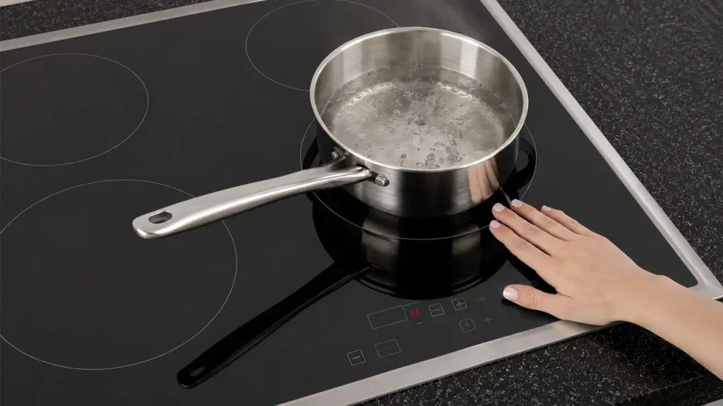 Nguyên lý hoạt động của bếp từ với nồi được làm nóng trực tiếp trong khi mặt kính vẫn mát và an toàn khi sử dụng.