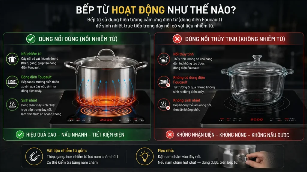 Infographic nguyên lý hoạt động của bếp từ, cách nhận biết nồi nhiễm từ và lý do bếp từ không hoạt động với nồi thủy tinh.
