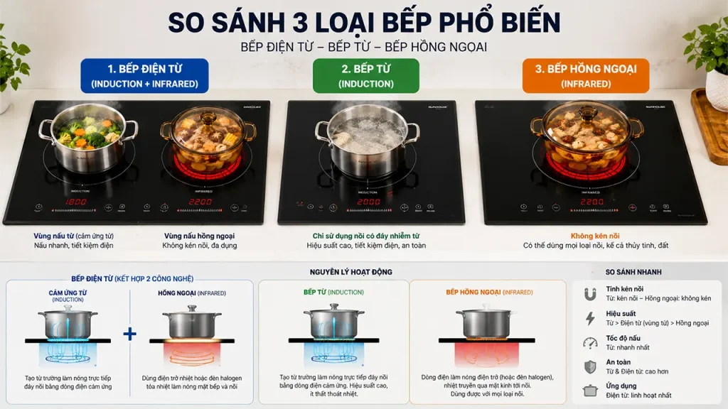 So sánh bếp điện từ, bếp từ và bếp hồng ngoại về cấu tạo và công nghệ nấu