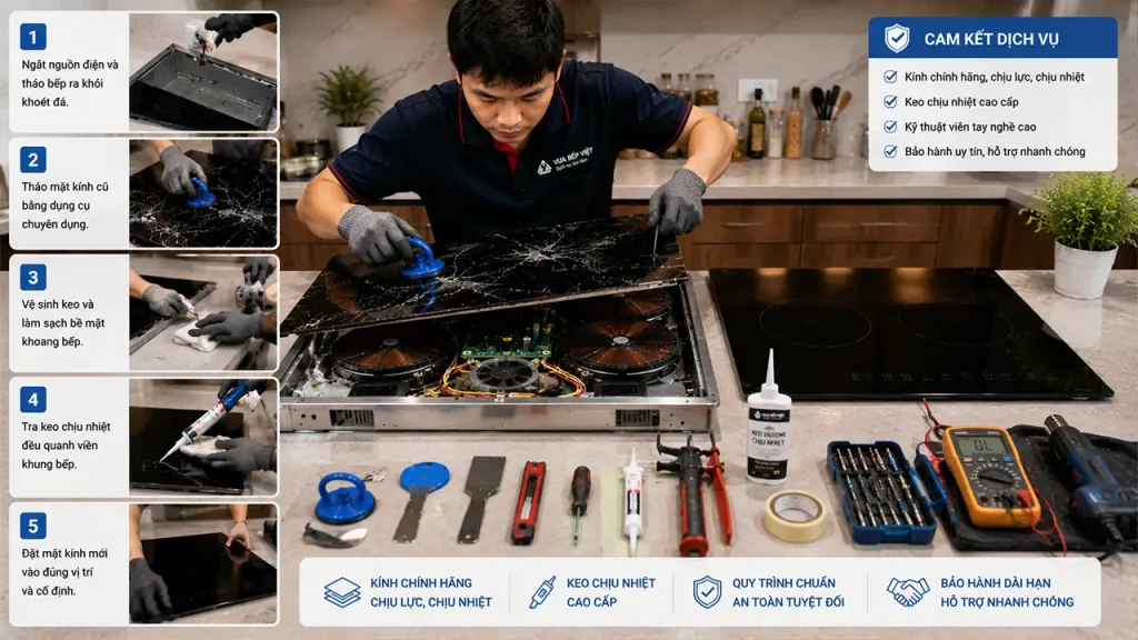 Kỹ thuật viên tháo và thay kính bếp từ đúng kỹ thuật