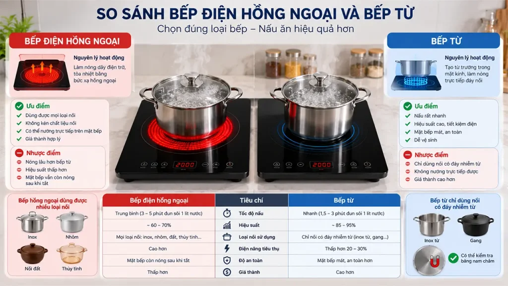 So sánh bếp điện hồng ngoại và bếp từ về công nghệ, hiệu suất và khả năng sử dụng nồi