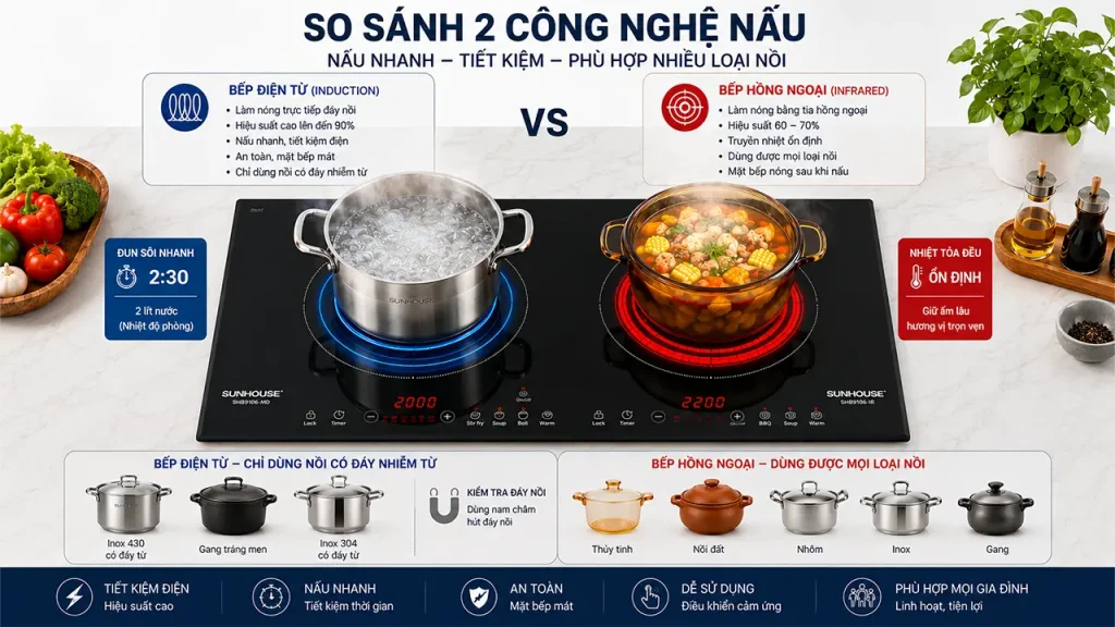 Bếp điện từ sử dụng nồi đáy từ và bếp hồng ngoại sử dụng nhiều loại nồi khác nhau