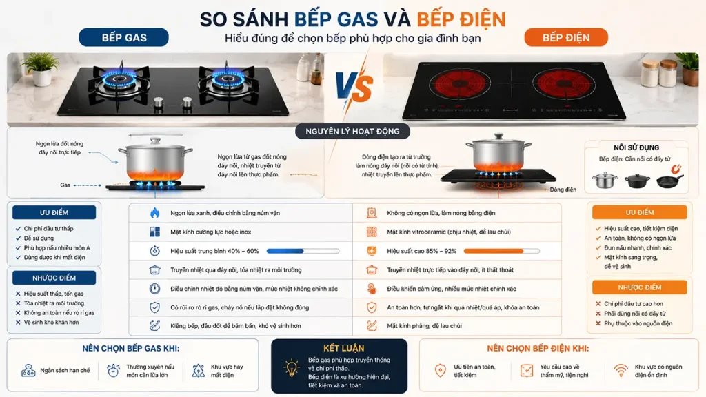 So sánh bếp điện và bếp gas về nguyên lý hoạt động và mức độ an toàn