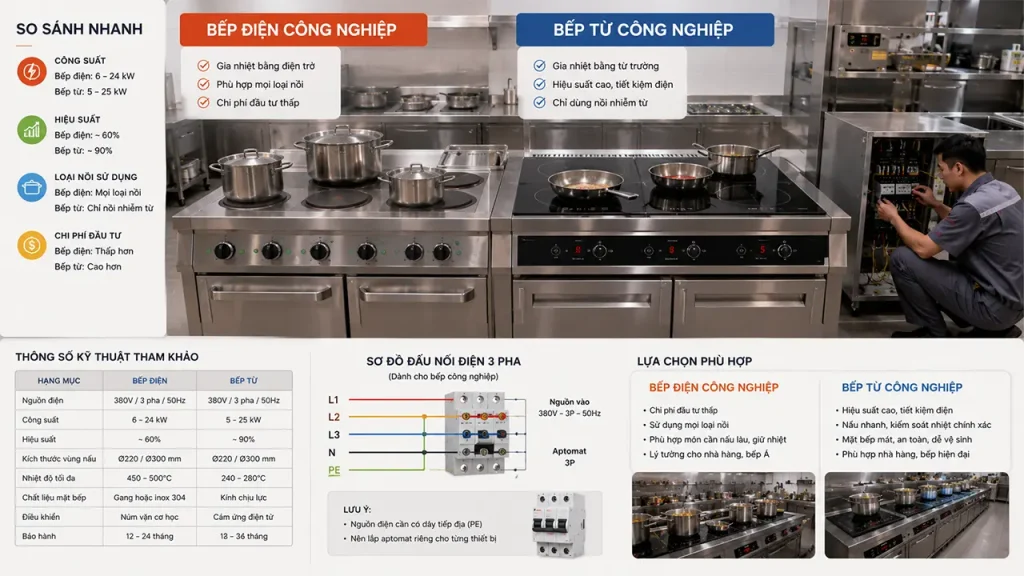 So sánh bếp điện công nghiệp và bếp từ công nghiệp về công nghệ và hiệu suất