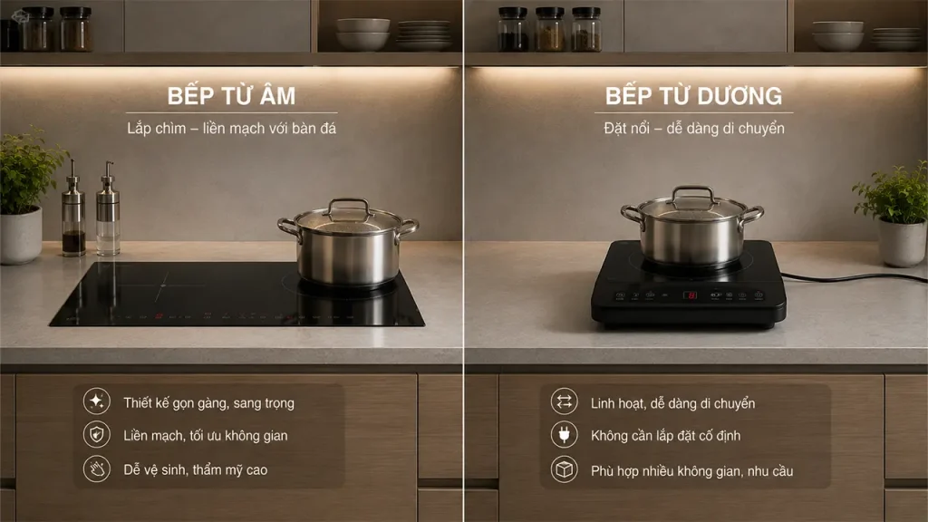 Bếp từ âm nổi bật về thẩm mỹ, trong khi bếp từ dương linh hoạt hơn khi lắp đặt và di chuyển.