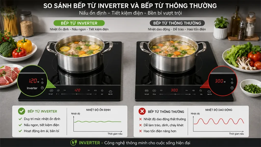 So sánh bếp từ inverter và bếp từ thông thường về khả năng kiểm soát nhiệt