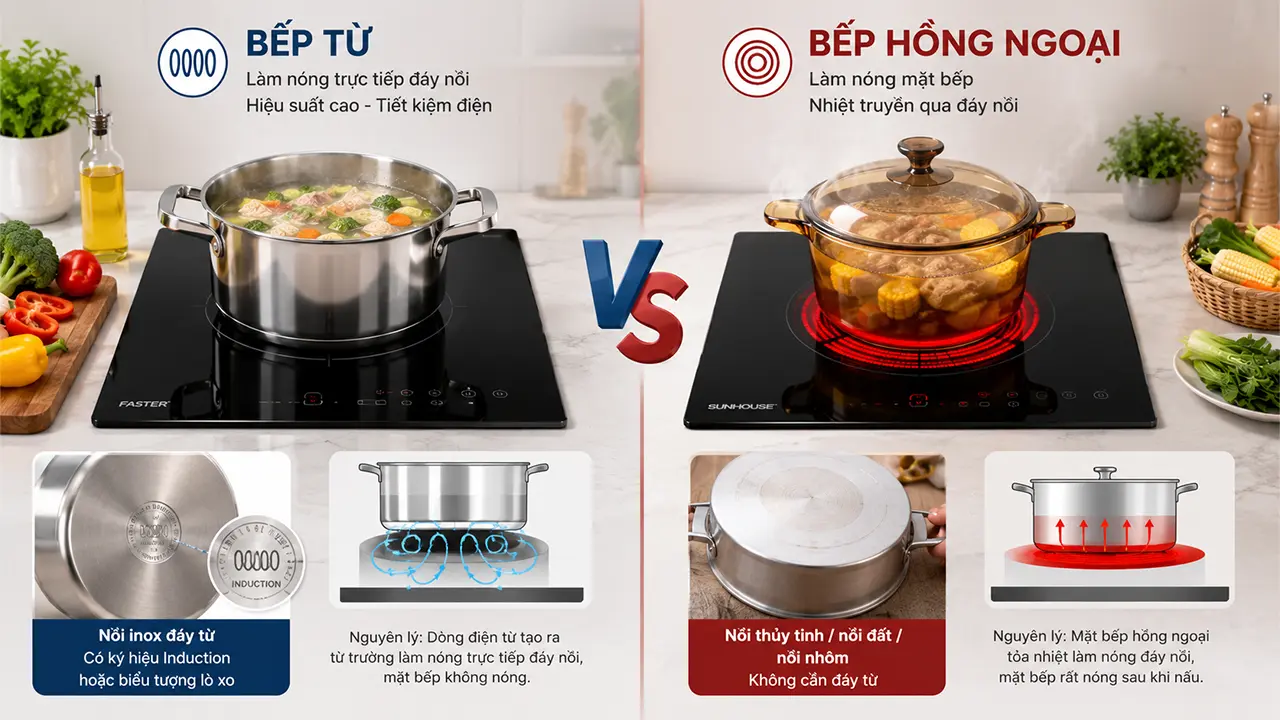 Mỗi loại bếp có nguyên lý hoạt động và khả năng tương thích nồi nấu khác nhau.