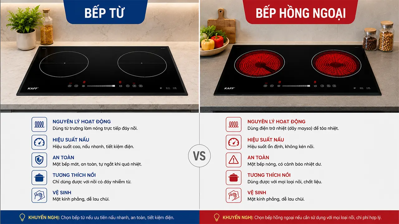 So sánh bếp từ và bếp hồng ngoại với thiết kế, nguyên lý hoạt động và khả năng sử dụng thực tế
