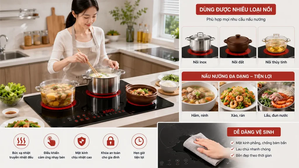 Người nội trợ sử dụng bếp điện hồng ngoại với nhiều loại nồi khác nhau